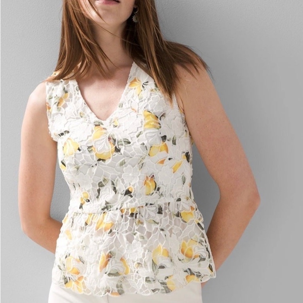 NWT WHBM V-neck Lace Peplum Top - Lemon Print | Sz 10